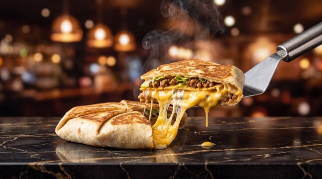 Crispy beef Crunchwrap Supreme with stretched melted cheddar cheese on a black marble table, premium Mexican food
