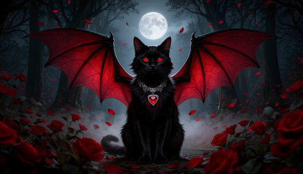 gato negor, vampiro, rojo, ojos rojos, petalos rojos, petalos, halloween, vector, calabaza, ilustraci&oacute;n, negro, bate, oto&ntilde;al, luna, arte, vacaciones, horror, moreno, asustadizo, designio, silueta, dib