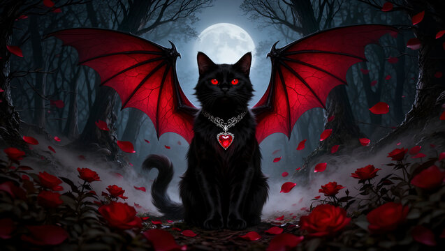 gato negor, vampiro, rojo, ojos rojos, petalos rojos, petalos, halloween, vector, calabaza, ilustraci&oacute;n, negro, bate, oto&ntilde;al, luna, arte, vacaciones, horror, moreno, asustadizo, designio, silueta, dib