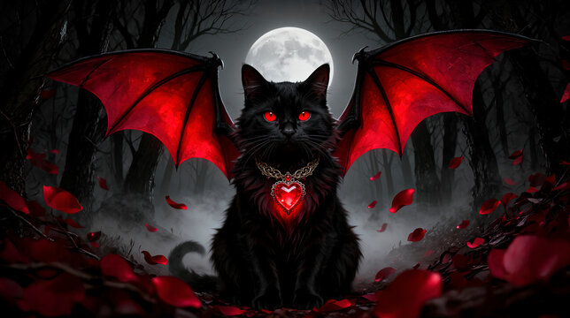 gato negor, vampiro, rojo, ojos rojos, petalos rojos, petalos, halloween, vector, calabaza, ilustraci&oacute;n, negro, bate, oto&ntilde;al, luna, arte, vacaciones, horror, moreno, asustadizo, designio, silueta, dib