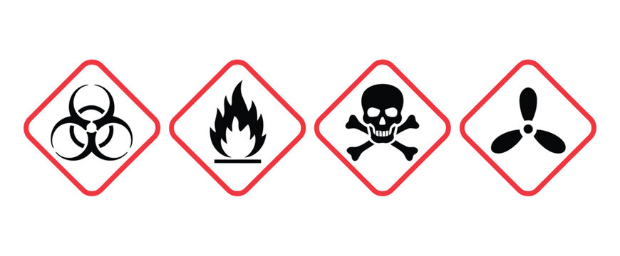 hazard warning symbol set of four icons including biohazard, flammable, toxic and corrosive signs, industrial safety and chemical risk indicators, clean modern vector illustration isolated on white ba