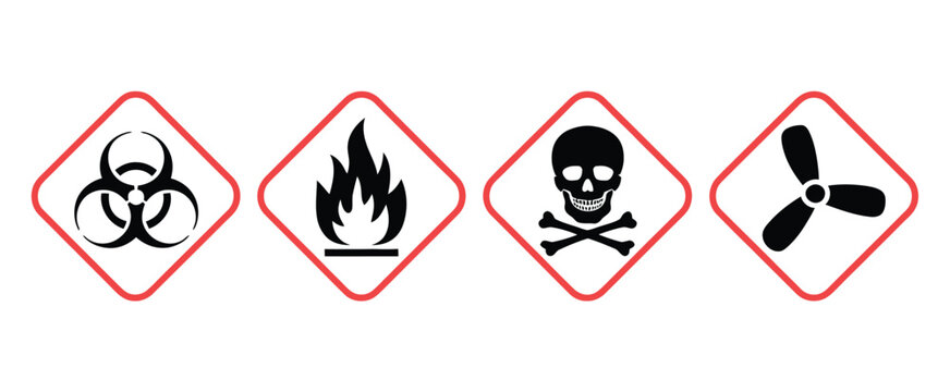 chemical hazard icon collection featuring biohazard symbol, flammable flame, toxic skull and corrosive liquid warning signs, safety and danger classification set, simple flat vector design for UI, lab