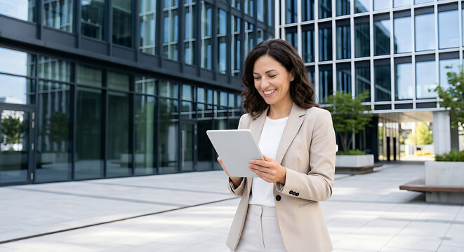 Confident Businesswoman Reviewing Documents Outside Modern Office Building in Corporate Business District with Professional Workspace