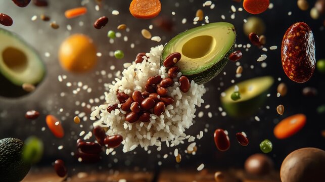 Bandeja paisa, beans, avocado, rice, chicharron generative ai
