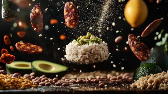 Bandeja paisa, beans, avocado, rice, chicharron generative ai