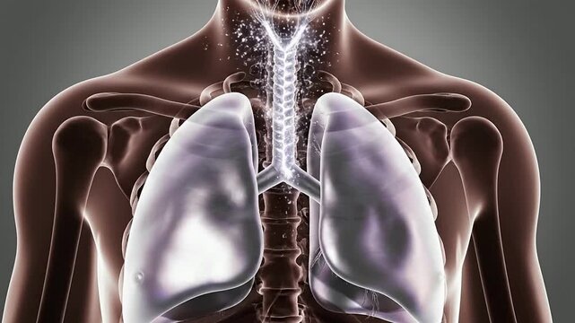 Detailed CGI Animation Of A Transparent Human Thorax Showing The Bronchial Tree And Lungs In A Modern Medical Background