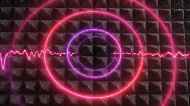 Neon circle sound wave acoustic foam audio vibration abstract pink and purple technology studio energy, glowing audio waveform and vibrant soundwave black geometric foam texture, modern design