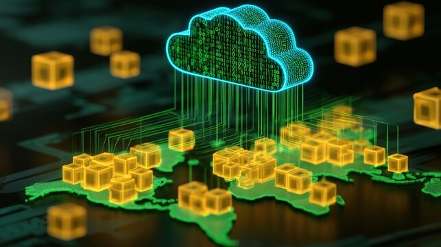 a neon blue cloud is filled with green binary code green lines stream down from the cloud, connecting to many glowing yellow cuboid icons contains abstract background data patterns Generative AI