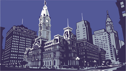 Fototapeta premium Philadelphia city hall and urban buildings under a dark blue sky