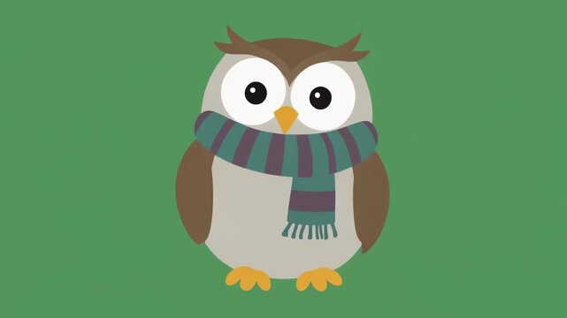 Cute cartoon owl character wearing a cozy striped scarf isolated on green screen chroma key background.