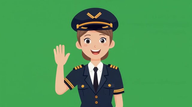 Friendly female airplane pilot waving hello isolated on green screen chroma key background.