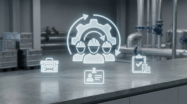 Industrial Workforce Management and Factory Maintenance Optimization Concept with Glowing Team Icons in a Modern Technical Facility Interior