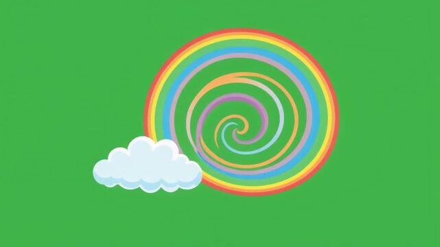 Abstract colorful rainbow spiral illustration with a white cloud isolated on green screen chroma key background.