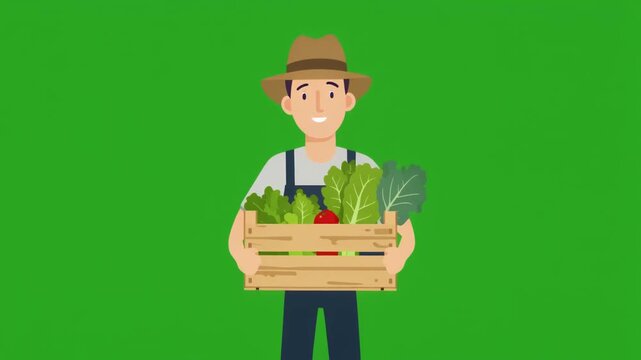 Friendly farmer holding a wooden crate full of fresh vegetables isolated on green screen chroma key background.