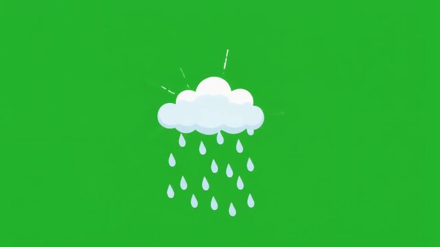 A simple flat vector illustration of a rainy cloud isolated on green screen chroma key background.