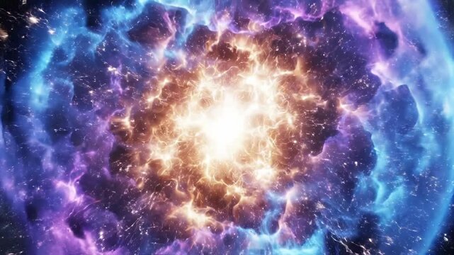 Cinematic representation of a glowing energy core surrounded by blue and purple swirling gaseous nebular clouds in a dark starry space environment, abstract cosmic orb.