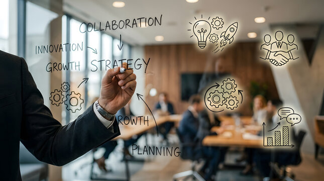 A businessman outlines strategic concepts like collaboration, innovation, and growth on a transparent board during an office meeting with colleagues.