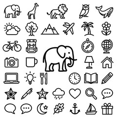 Fototapeta premium Set of Outline Icons: Animals, Travel, Nature, Business, Lifestyle, Objects