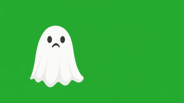 A cute sad little white ghost character isolated on green screen chroma key background.