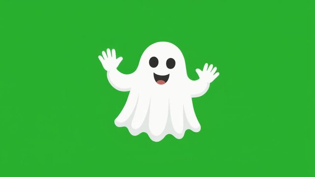 A cute cartoon ghost character waving hello isolated on green screen chroma key background.