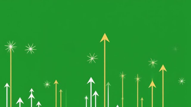 Abstract background featuring multiple upward pointing arrows and sparkling light effects isolated on green screen chroma key background.