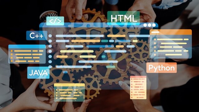 A dynamic illustration capturing the spirit of collaboration in software development, featuring hands joining over gears with floating code elements from various programming languages. Raster