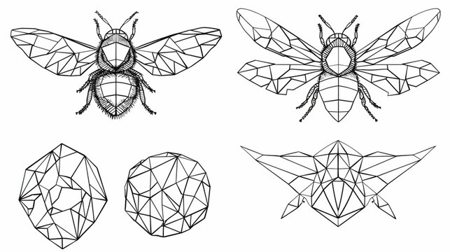 Line art showing two polygonal bees and three polygonal shapes on white