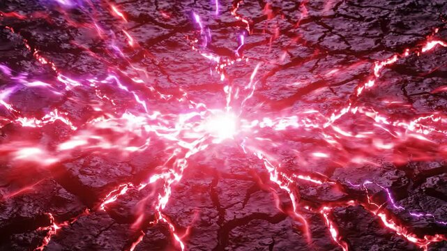 Electric energy lightning cracked ground red purple glowing dramatic abstract power and nature texture background, with glowing red and purple lightning bolts radiating across cracked ground