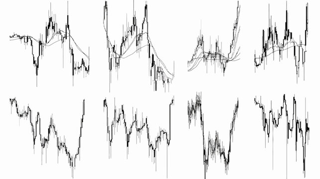 Collection of eight stylized black & white stock market candlestick chart representations
