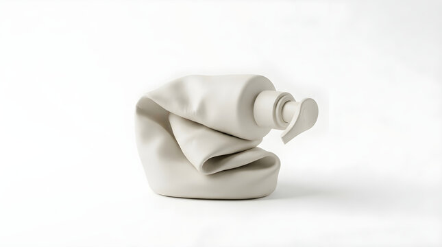 A studio shot of a crushed white cosmetic pump bottle isolated on a clean white background for minimalist product design and packaging concepts.