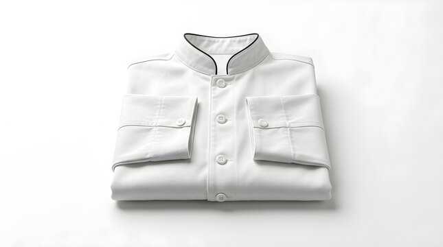 A neatly folded white professional chef jacket with black trim displayed on a plain white surface for culinary apparel branding and photography.