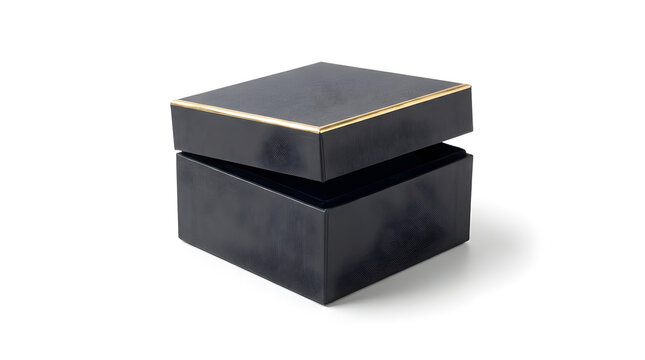 A square black luxury gift box with a gold rim, slightly open, isolated on a white background for premium product packaging and branding displays.