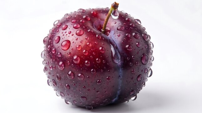 Buah plum segar berwarna merah keunguan gelap dengan tetesan air jernih yang membasahi permukaannya, tampak menggugah selera dan kaya nutrisi, siap dinikmati.
