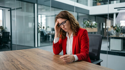 Fototapeta premium Stressed Businesswoman Sitting at Office Desk with Headache, Tired Female Professional Facing Workplace Stress, Mental Fatigue, Burnout and Corporate Work Pressure