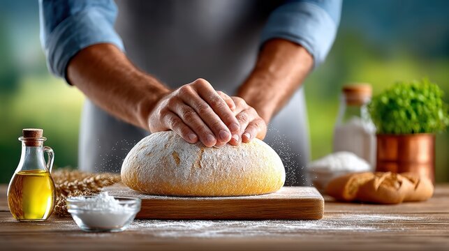 Artisanal baker kneading fresh bread dough in kitchen
