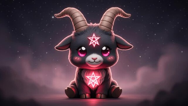 Cute Satanic Goat Demon: A charming and stylized depiction of a baby goat demon with prominent horns and glowing pentagram symbols, set against a softly lit, dreamlike background with faint stars.
