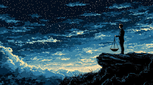 A person stands on a rocky cliff holding a balanced scale under a starry sky