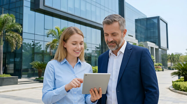 Business Colleagues Using Digital Tablet Outside Modern Office Building, Professional Team Discussing Corporate Strategy, Technology, Collaboration and Business Success in Urban Workplace