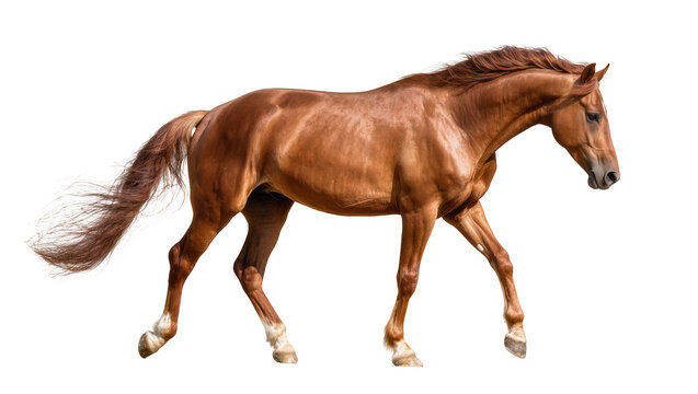 Isolated majestic chestnut horse trotting with powerful and graceful motion from side