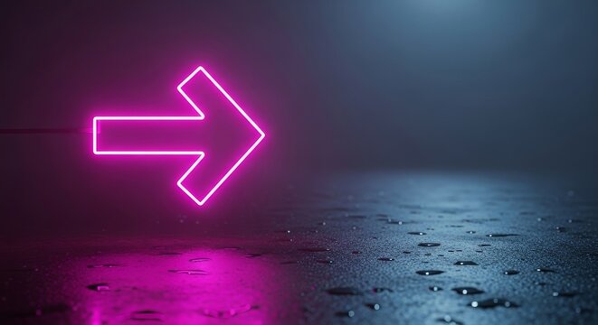 Vibrant magenta neon arrow illuminates a dark misty street with a soft cinematic glow and hazy atmosphere, pointing towards the distance, street, illumination, night