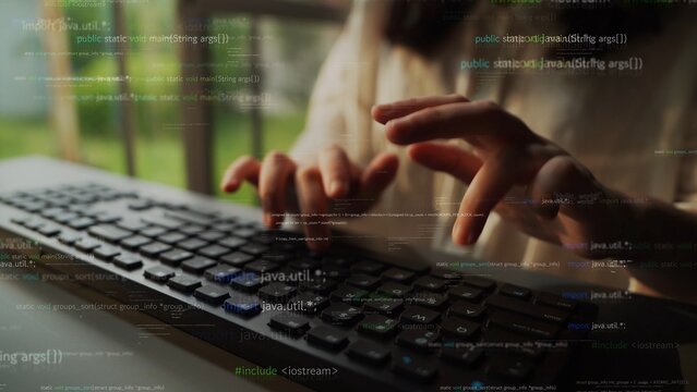 A close-up view of hands typing on a keyboard with computer code overlay, symbolizing the blend of technology and creativity in modern software development. Xenic