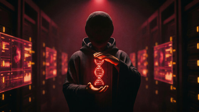 Hooded figure holding glowing red DNA helix hologram in dark server room radiant cyber background Toward genetic data security Perfect for technology advertising banner presentation