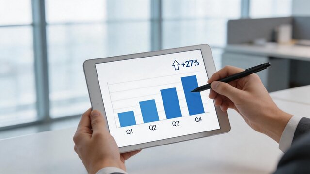 Person analyzing bar chart on tablet