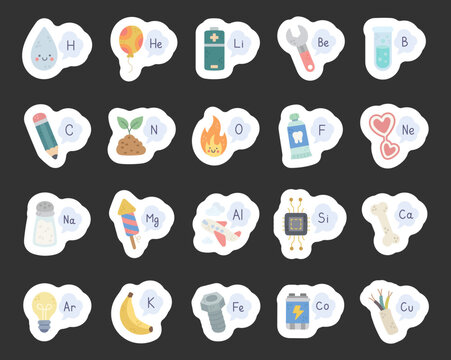 Chemical set featuring water, banana, pencil, battery, airplane, firework, microchip, fire, toothpaste, balloon, heart, wrench, test tube, fertilizer, bulb, bone