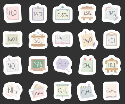 Chemical compound set featuring formulas water sodium chloride copper sulfate sulfuric nitric acid hydroxide dioxide oxide methane propane butane ammonia