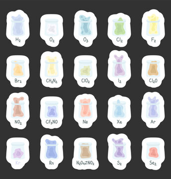 Chemistry gas molecule formula set featuring hydrogen oxygen ozone chlorine fluorine bromine diazomethane iodine neon xenon argon krypton radon sulfur