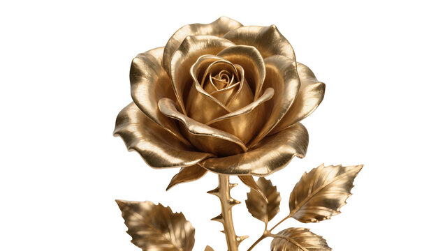 Isolated luxurious golden rose bloom, elegant metallic flower, stem and leaves, symbol of lasting beauty.