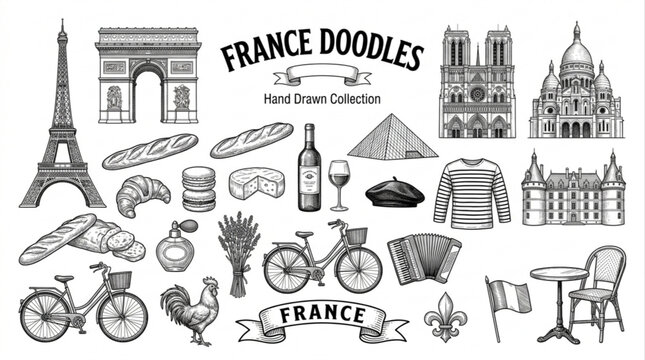 Hand Drawn Collection of Famous French Landmarks and Cultural Symbols Illustration