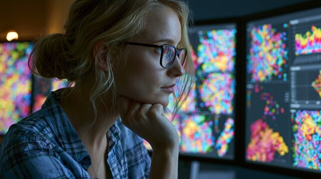 A researcher studies colorful single-cell sequencing clusters on a large monitor, heat maps and scatter plots floating around the screen, focused mood, cool studio lighting, three-quarter composition.