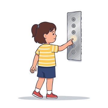 Child presses elevator button in a building during daytime while waiting for the elevator doors to open